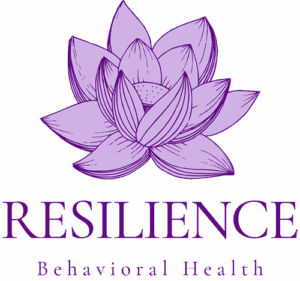 A purple lotus flower illustration above the words RESILIENCE Behavioral Health in purple uppercase and lowercase letters.