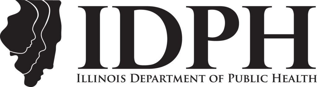 Logo for the Illinois Department of Public Health, LP-SIMPLE-IOP edition, featuring the acronym IDPH and silhouettes of faces within the outline of Illinois, with the full department name displayed below.